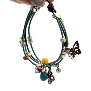 Vintage Y2K Fossil Teal Multi-strand Leather Dangle Beads & Charms Bracelet 7.5"